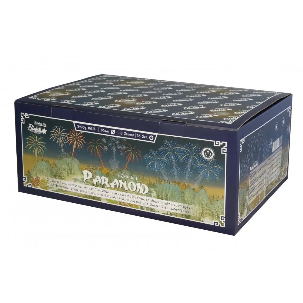 Die Funke Paranoid Cakebox 116sh von Funke ist eine rechteckige Feuerwerksbox mit lebendigen Bildern auf dunklem Hintergrund und detaillierten Produktinformationen auf der Verpackung.