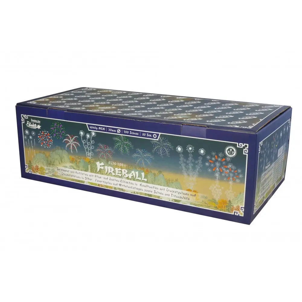 Eine rechteckige blaue XXL Funke Fireball Box von Funke mit bunter Feuerwerkskunst und deutschen Details. Sie fasst 100 Schuss, 1462g NEC, und ist mit dem Produktnamen beschriftet.