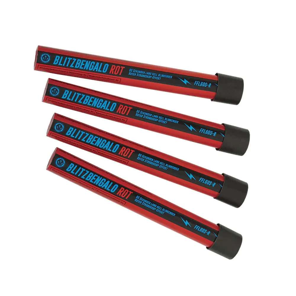 Vier rote zylindrische Tuben mit der Aufschrift "Argento Blitzbengalos Rot" und schwarzen Kappen sind diagonal auf einem weißen Hintergrund angeordnet. Dieser 4er-Pack von Argento ist mit blauem, weißem und schwarzem Text und Grafiken auf jeder Tube bedruckt.