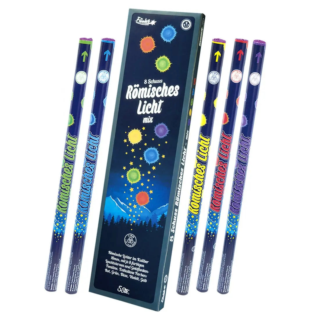 Eine Dose mit der Aufschrift "Funke Römisches Licht Kal.C Bunt 8 Schuss" von Funke steht aufrecht, umgeben von fünf bunten römischen Kerzen mit Stern- und Pfeilmotiven. Die Verpackung zeigt ein Feuerwerk über einem Nachthimmel mit Bergen.