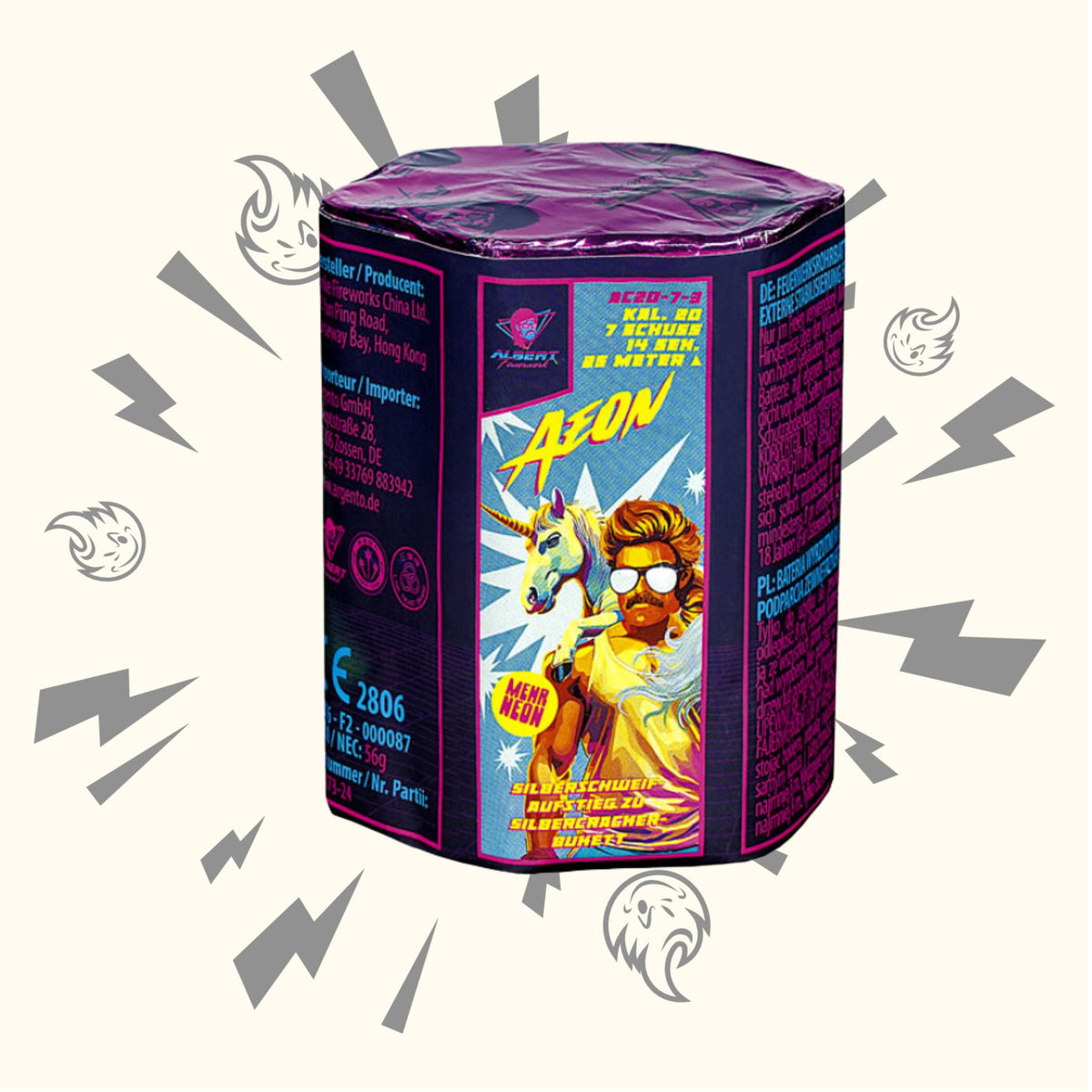 Albert Aeon von Albert ist eine zylindrische Feuerwerksbatterie mit lila Verpackung, die einen Mann mit Sonnenbrille und ein Einhorn zeigt. Auf der Vorderseite erscheint der Text "AEON" im Comic-Stil, mit dynamischen grauen Burst-Grafiken und 20 mm-Effekten.