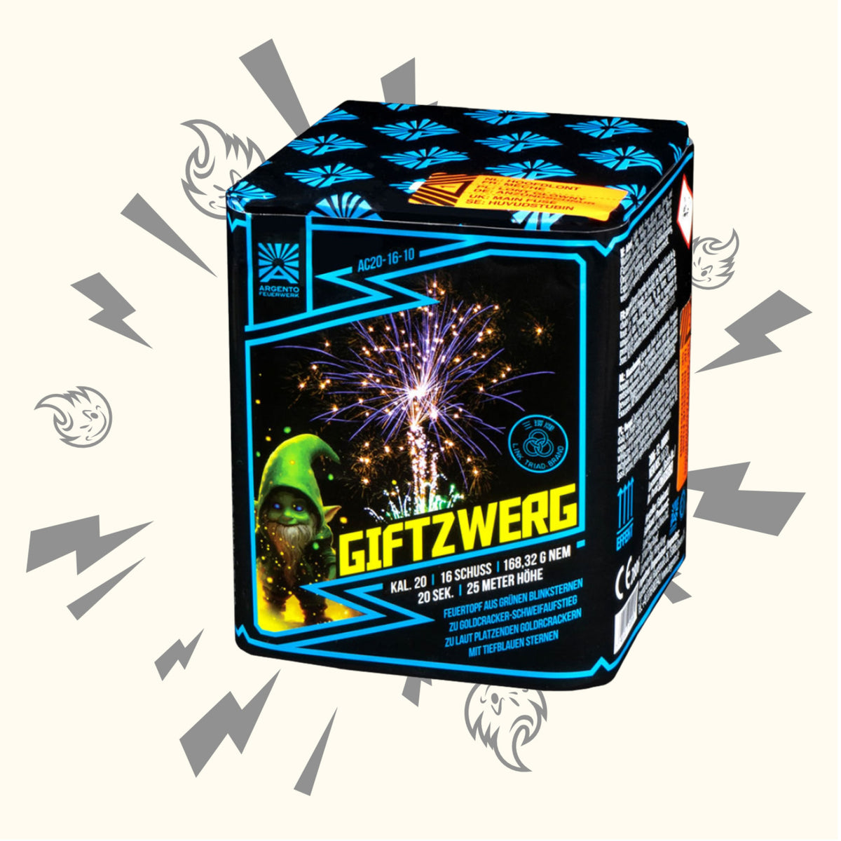 Die Argento Giftzwerg-Feuerwerksdose von Argento zeigt einen Gnom mit grüner Mütze und ein leuchtendes Feuerwerk auf der Vorderseite, vor einem hellen Hintergrund mit verspielten Cartoon-Explosionsgrafiken.