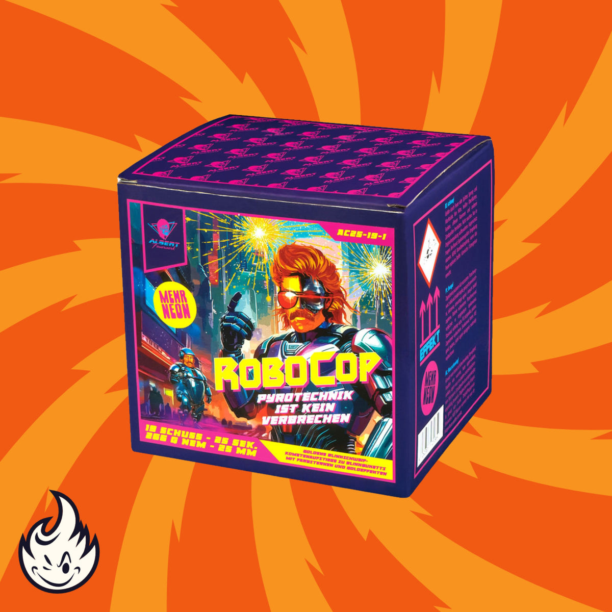 Die Albert Robocop Feuerwerksdose von Albert zeigt einen Cyborg im Retrostil mit Sonnenbrille und Pistole auf einem orangefarbenen Hintergrund mit wirbelnden Mustern und einem weißen Flammenlogo in der unteren linken Ecke.