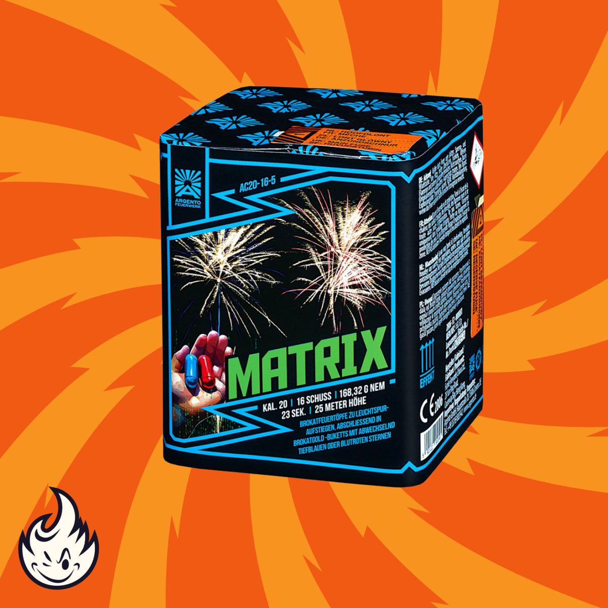 Eine Schachtel mit Argento Matrix Feuerwerkskörpern von Argento zeigt bunte Funken, eine Hand, die rote und blaue Kapseln auf der Vorderseite hält, einen leuchtend orangen Hintergrund mit wirbelnden Mustern und ein kleines Flammenlogo in der Ecke.