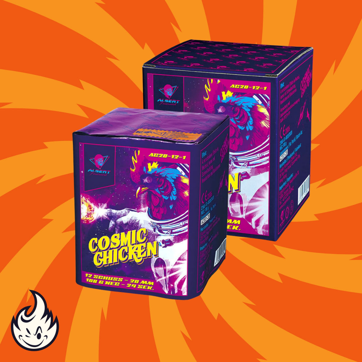 Zwei leuchtende Schachteln mit der Aufschrift "Albert Cosmic Chicken", die ein illustriertes Huhn in einem Raumanzug zeigen, stehen vor einem orangefarbenen Hintergrund mit wirbelnden Mustern und einem kleinen Albert-Flammenlogo in der Ecke.