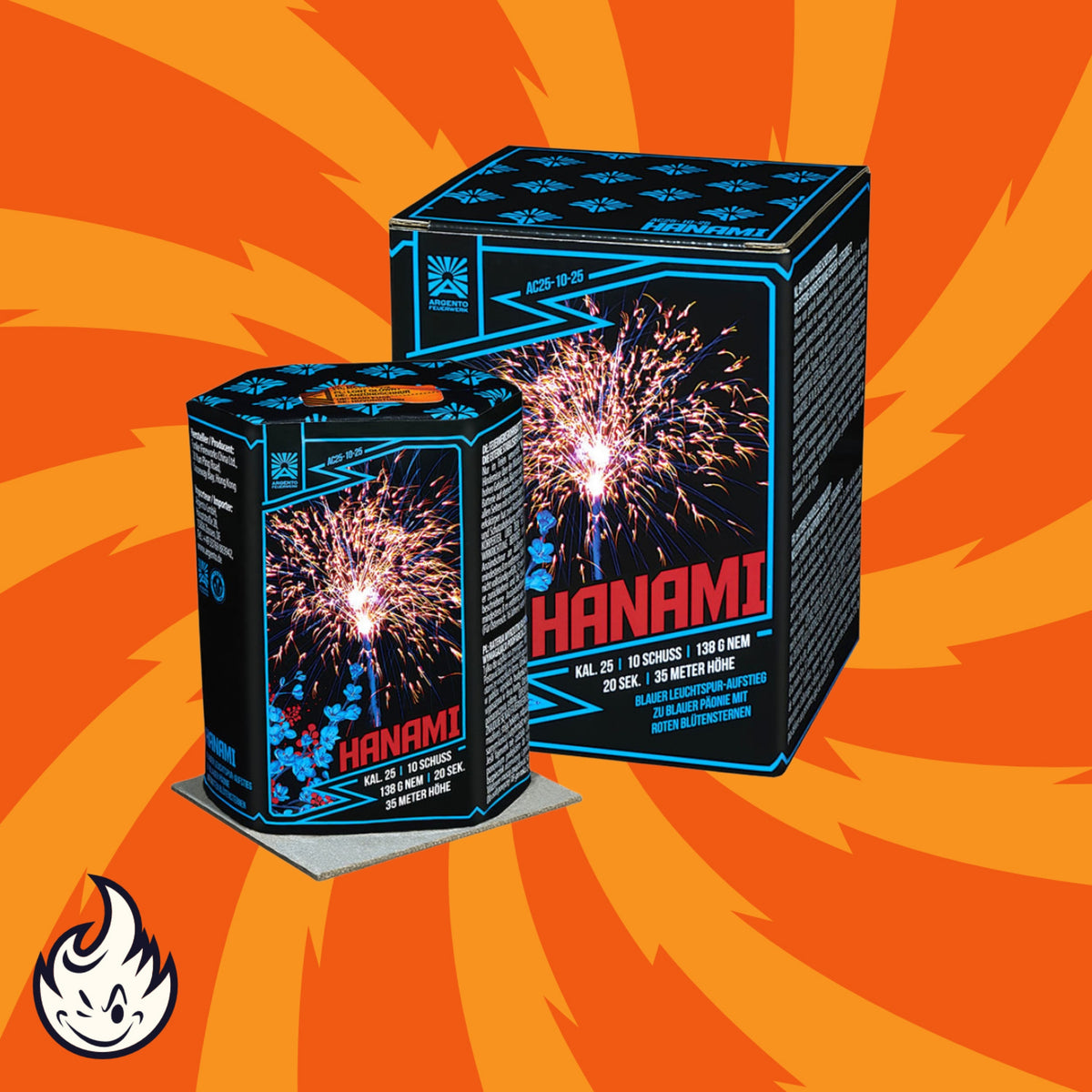 Zwei Schachteln Argento Hanami von Argento, mit blauer und schwarzer Verpackung, verziert mit Feuerwerkskörpern und Kirschblüten, auf orangefarbenem Hintergrund mit wirbelnden gelben Mustern und einem kleinen Flammenlogo in der Ecke.
