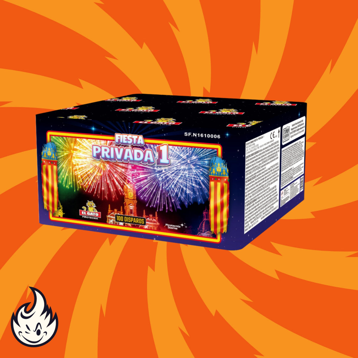 Auf einer farbenfrohen Schachtel El Gato Fiesta Fallera Feuerwerksbatterie 100sh sind Feuerwerke abgebildet, die am Nachthimmel explodieren, auf einem orangefarbenen Spiralhintergrund, mit der Marke El Gato und einem kleinen Flammenlogo in der unteren linken Ecke.