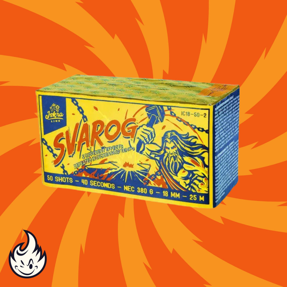 Die Feuerwerksdose Iskra Svarog von Iskra zeigt gelbe und blaue Farben, eine dynamische mythologische Figur mit einem Hammer, einen orangefarbenen spiralförmigen Hintergrund und ein kleines Flammenlogo in der linken unteren Ecke.