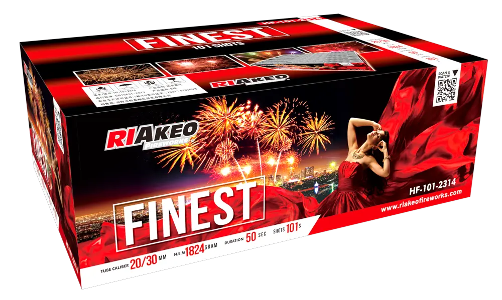 Eine Schachtel RIAkeo's Finest zeigt ein pulsierendes Feuerwerk der Stadtsilhouette und eine Frau in Rot auf der Verpackung. Dieses Verbundfeuerwerk bietet 101 Schuss, ein 20/30 mm Röhrenkaliber und ein auffälliges RIAkeo-Branding.