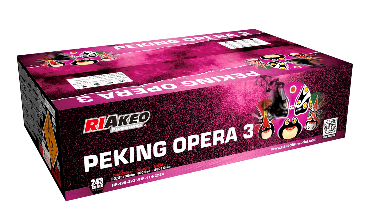 Eine rechteckige Schachtel mit dem XXL-Feuerwerk "Peking-Oper 3" von RIAkeo zeigt ein rosa, lila und schwarzes Design mit bunten Opernmasken. Auf der Schachtel sind 243 Aufnahmen und Produktdetails aufgeführt.