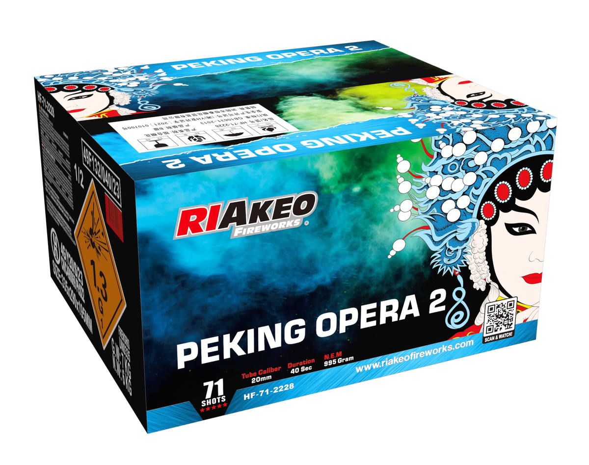 Eine Schachtel mit dem Verbundfeuerwerk "Riakeo Peking Opera 2" von RIAkeo mit 71 Schuss, farbenfrohen Peking-Opernmasken, Aufführungsbildern und Sicherheitsmarkierungen - ein beeindruckendes Feuerwerk für Ihre Feierlichkeiten.