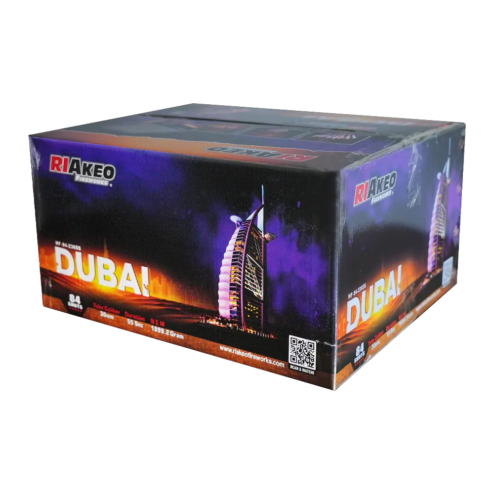 Die RIAkeo Dubai Fan Feuerwerk Box zeigt den Burj Al Arab bei Nacht, ein schillerndes Feuerwerk über dem Kopf und seitliche Produktdetails - ideal für ein unvergessliches, von Dubai inspiriertes Feuerwerkserlebnis.