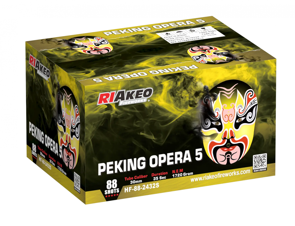 Die RIAkeo Peking Opera 5 von RIAkeo zeigt leuchtende Maskenkunst und gelben Rauch, mit 88 Schuss, 35 Sekunden Dauer und 1720g Nettoexplosivmasse - ideal als Verbundfeuerwerk.