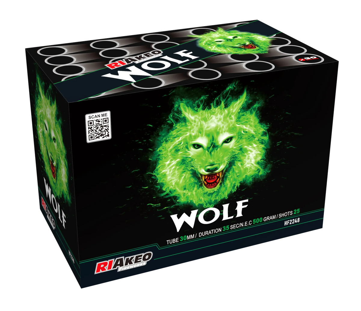 Eine Schachtel RIAkeo "Wolf Z Fan" Feuerwerkskörper von RIAkeo, mit einem grün leuchtenden Wolfskopf auf Schwarz, mit 25 Schuss, 500 Gramm, Kategorie F, Brenndauer Info, und einem QR-Code auf der Verpackung.