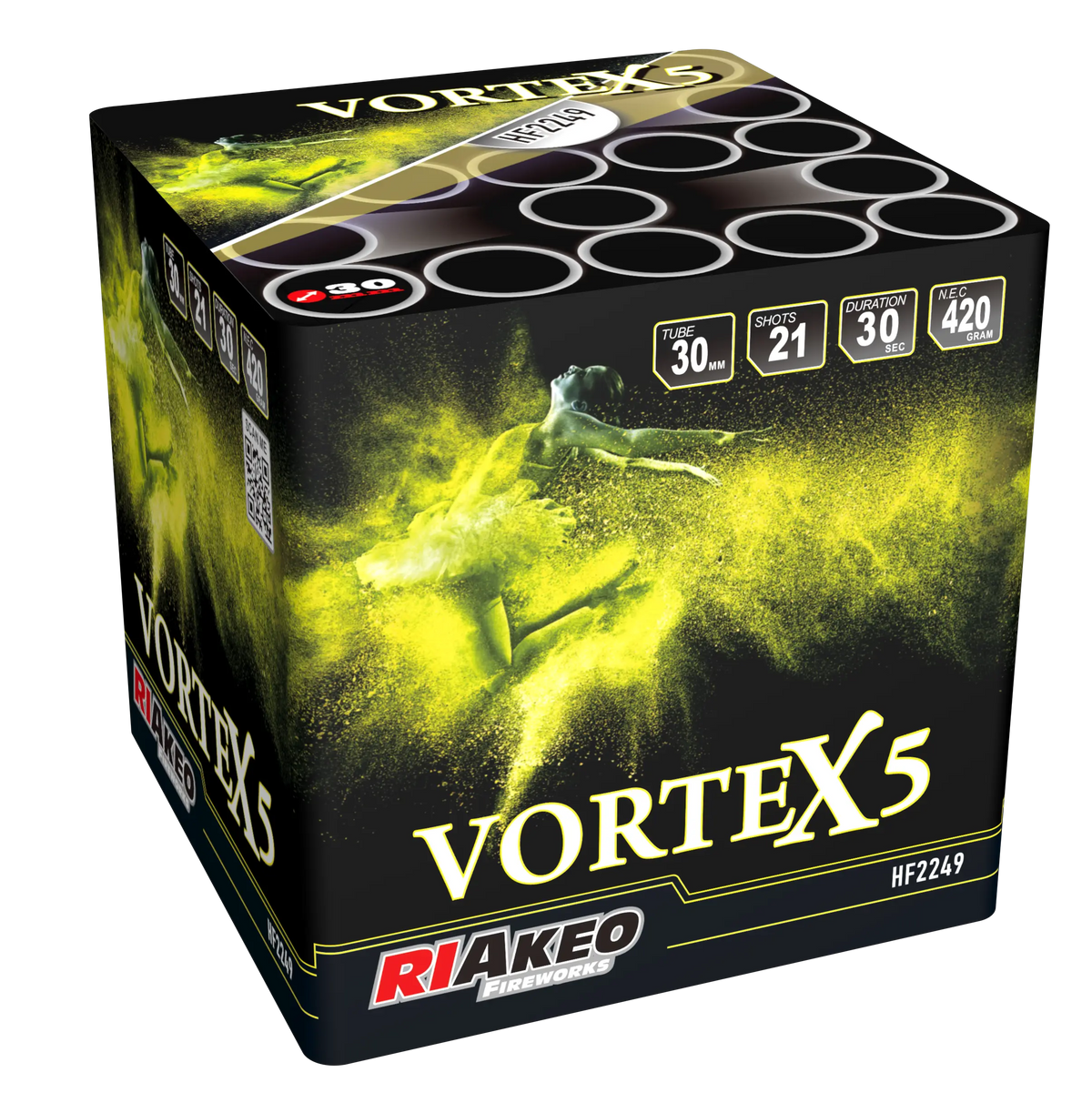 Eine schwarze würfelförmige RIAkeo Feuerwerksbatterie-Box mit der Aufschrift "Riakeo Vortex 5" und gelben Akzenten zeigt einen Tänzer in gelbem Pulver. Dieses High-End-Feuerwerk hat 21 Schuss, ein 30-mm-Kaliber, dauert 30 Sekunden und erreicht 42 Meter.