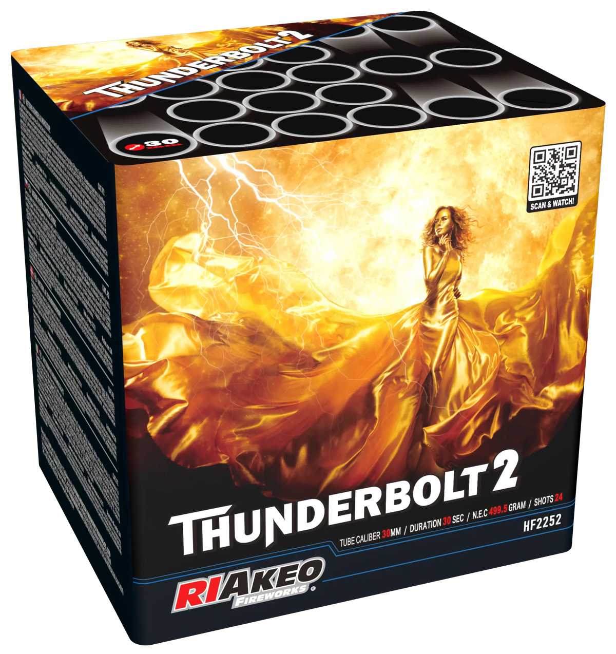 Die Riakeo Thunderbolt 2 Feuerwerksdose von RIAkeo zeigt eine Frau in einem goldenen Kleid mit Blitz und Feuer sowie Angaben zu NEM, F Kategorie Feuerwerk, 1.4G Gefahrenklasse und einen QR-Code auf der Vorderseite.