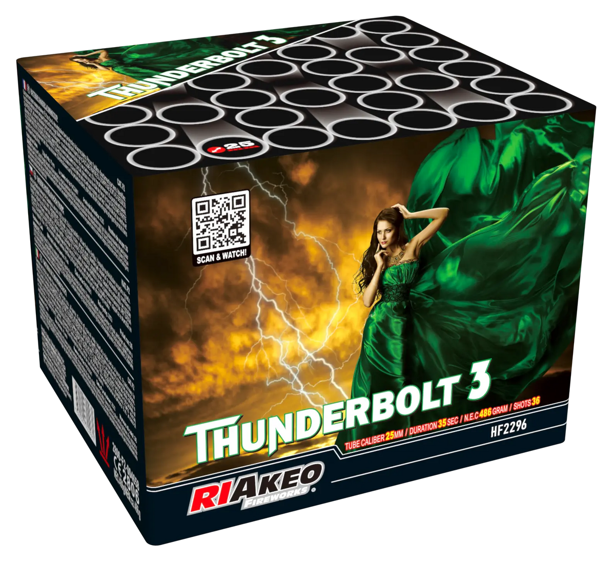 Eine Schachtel mit "RIAkeo Thunderbolt 3"-Feuerwerkskörpern von RIAkeo, gekennzeichnet mit 1.4G Gefahrengutklasse, zeigt eine Frau in einem grünen Kleid vor einem stürmischen Hintergrund mit Blitzen. Die Vorderseite zeigt den Namen der Marke und runde Röhren im oberen Bereich.