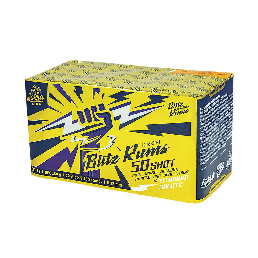 Die Iskra Blitz Rums 50 Feuerwerksdose zeigt eine auffällige Blitzgrafik, ein Faustsymbol, "50 Shot", "Titanium Salute" und leuchtende rote, grüne, blaue, gelbe und violette Effekte von Iskra.