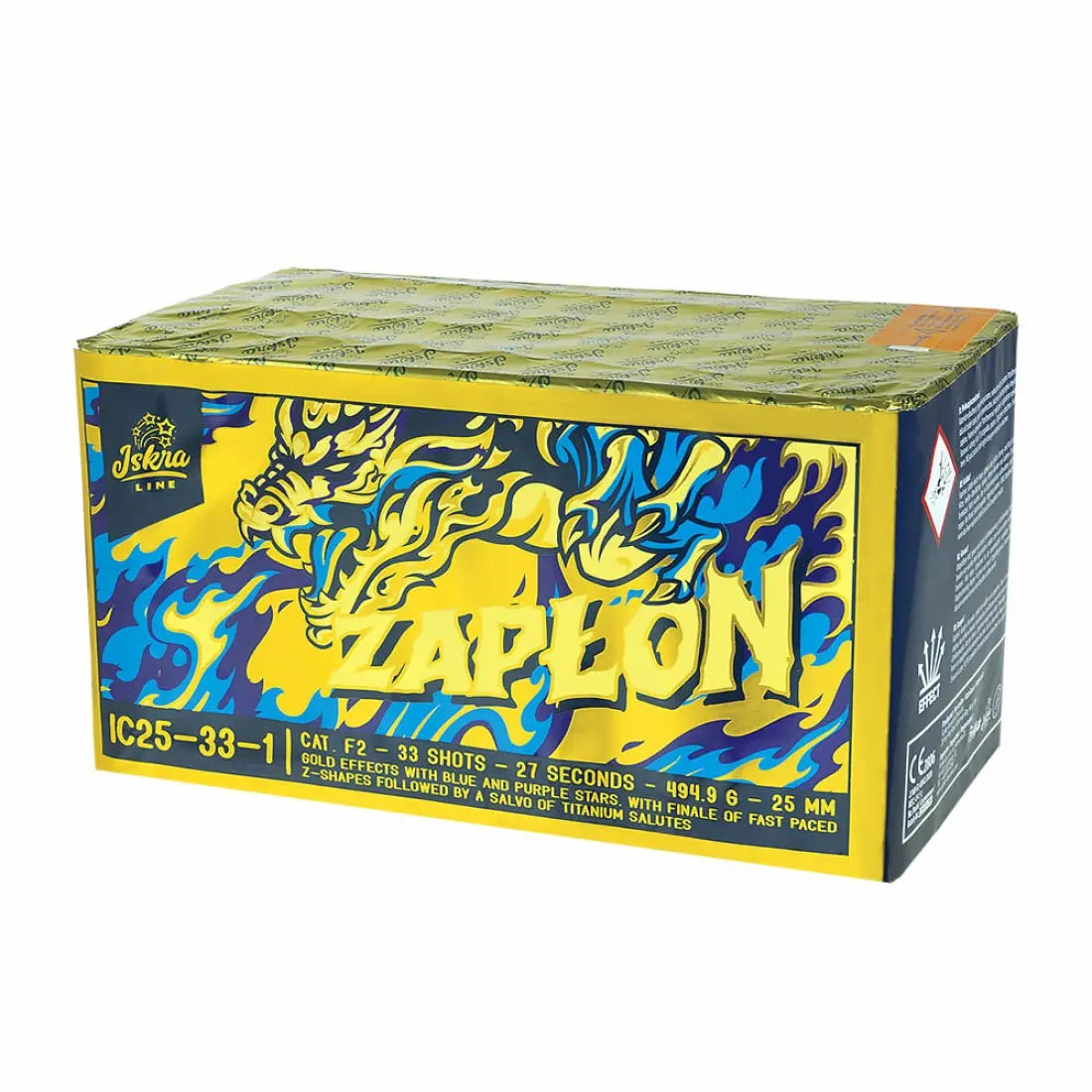 Die Iskra Zapłon 33sh von Iskra ist eine rechteckige Feuerwerksbatterie-Box mit einem auffälligen gelb-blauen Drachen, 33 Schuss, einer Laufzeit von 27 Sekunden, sicherer Zündung und deutlichen Warnhinweisen auf den Seiten.