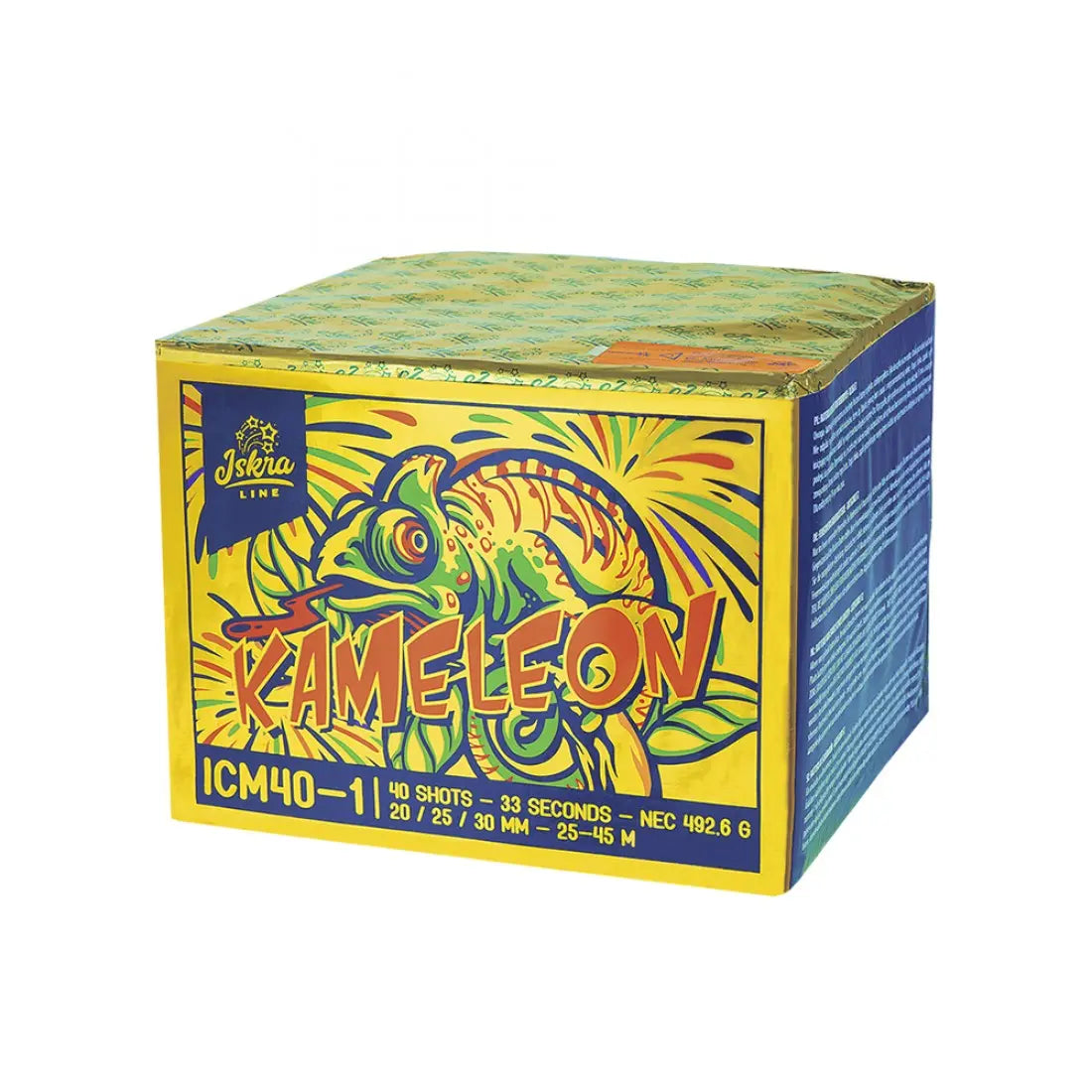 Eine farbenfrohe Schachtel mit Iskra Kameleon Mixed Feuerwerk von Iskra, mit buntem Chamäleon-Artwork und frechem Text. Die Verpackung hebt 40 Schuss, Mix-Kaliber-Effekte und eine Dauer von 33 Sekunden hervor.