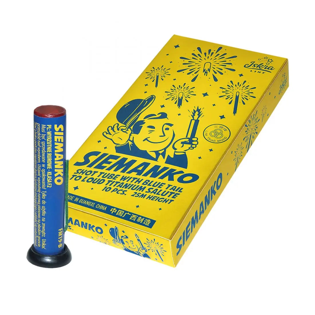 Eine gelbe Schachtel mit der Aufschrift "Iskra Siemanko Single Shots" von Iskra, auf der eine Feuerwerksgrafik und eine Karikatur mit Wunderkerzen abgebildet sind, steht neben einem blau-gelben zylindrischen Feuerwerksrohr mit den Aufschriften "Blue Tail" und "Loud Titanium Salut".