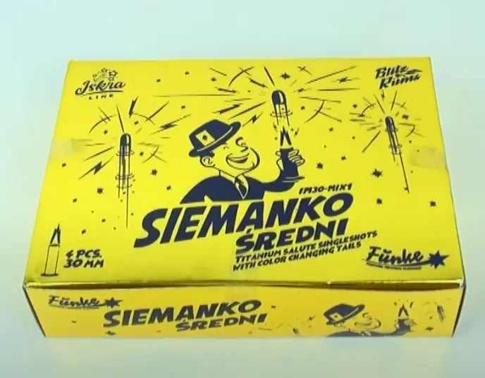 Eine gelbe Schachtel mit der Aufschrift "Iskra Siemanko Sredni Mix 30 mm" von Iskra zeigt einen Cartoon-Mann, Feuerwerksgrafiken, Markenlogos und wirbt für 8 Titanium Salute Single Shots mit farbwechselnden Schweifen und 30-mm-Effekten.