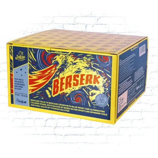 Die leuchtende Iskra Berserk Box von Iskra zeigt ein dynamisches Design im Comic-Stil mit auffälligen gelben, roten und blauen Feuerwerkskörpern, Kreischwirbel-Effekten sowie klaren Sicherheits- und Markendetails.