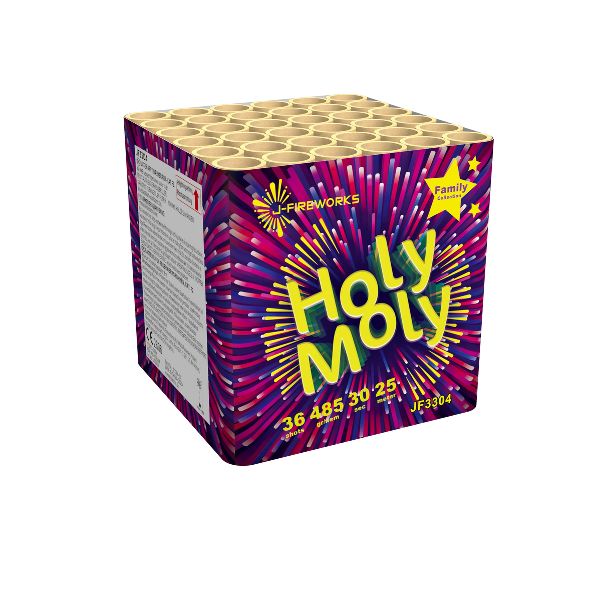 Die J-Fireworks Holy Moly 36sh von J-Fireworks verfügt über kräftige gelbe und violette Feuerwerksgrafiken, „36 Schuss Feuerwerksbatterie“, ein „Family“-Etikett und den Code „36 485 30 25“ auf ihrer bunten Schachtel mit mehreren Abschussrohren.