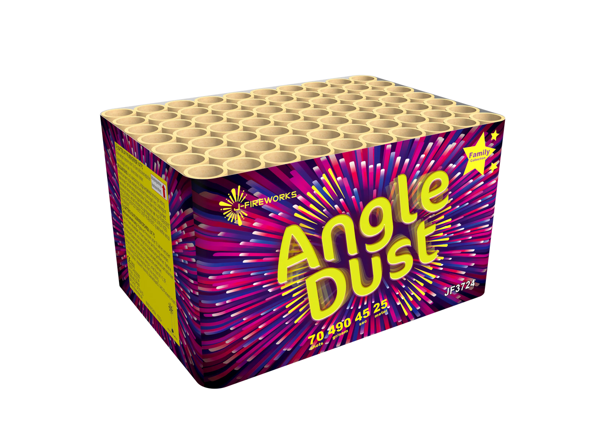 Die rechteckige Angeldust-Box von J-Fireworks zeichnet sich durch farbenfrohe Ausbrüche, runde Röhren an der Oberseite und ein festliches Design in Lila, Rosa und Gelb mit Produktangaben an der Seite aus.