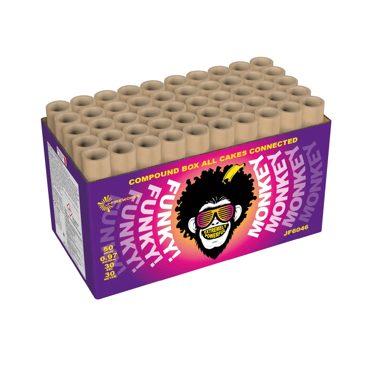 Die J-Fireworks Funky Monkey Box von J-Fireworks zeigt einen Cartoon-Affen mit Sonnenbrille und Afro, mehrere zylindrische Röhren und bunte Grafiken. Sie verfügt über Snowflake-Crackling-Effekte und lebendige Brokatkronen-Ausbrüche.