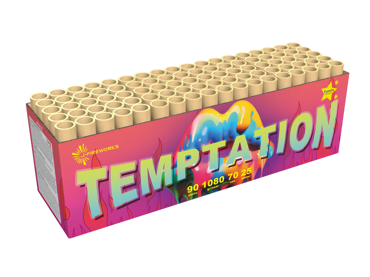 Die J-Fireworks Temptation Box von J-Fireworks zeichnet sich durch einen auffälligen Schriftzug "TEMPTATION", eine lebendige, flüssigkeitsähnliche Grafik mit einem Stern auf rosa-lila Hintergrund und mehrere Tuben aus, die brillante Blinkeffekte und Buketts versprechen.