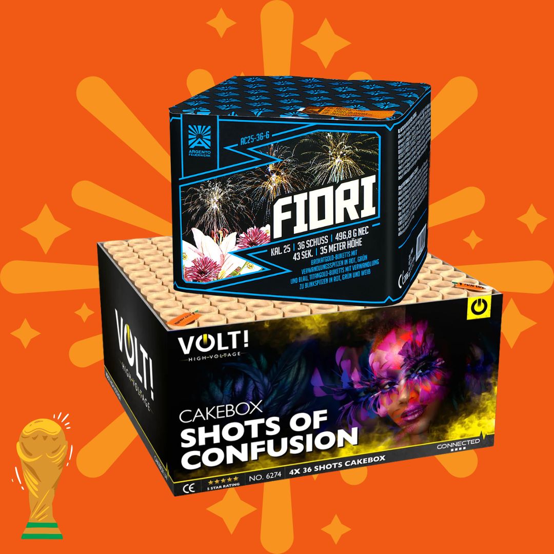 Zwei farbenfrohe Feuerwerksboxen – „Fiori“ und „Shots of Confusion“ – aus der Kombi Volt-Reihe von COMBI-DEALS 💣 sind vor einem orangefarbenen Hintergrund mit Sternenregen und der Abbildung einer goldenen Trophäe übereinander gestapelt.