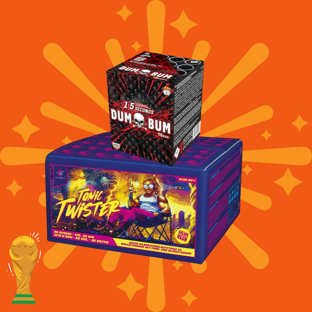 Zwei farbenfrohe Feuerwerksboxen von COMBI-DEALS 💣: „Kombi Albert Tonic Twister + Dumbum 16 Stück 25 mm“. Das Design zeigt Totenkopf-Motive und eine faulenzende Comicfigur vor einem orangefarbenen Hintergrund mit gelben Feuerwerksblitzen und einem Pokalsymbol.