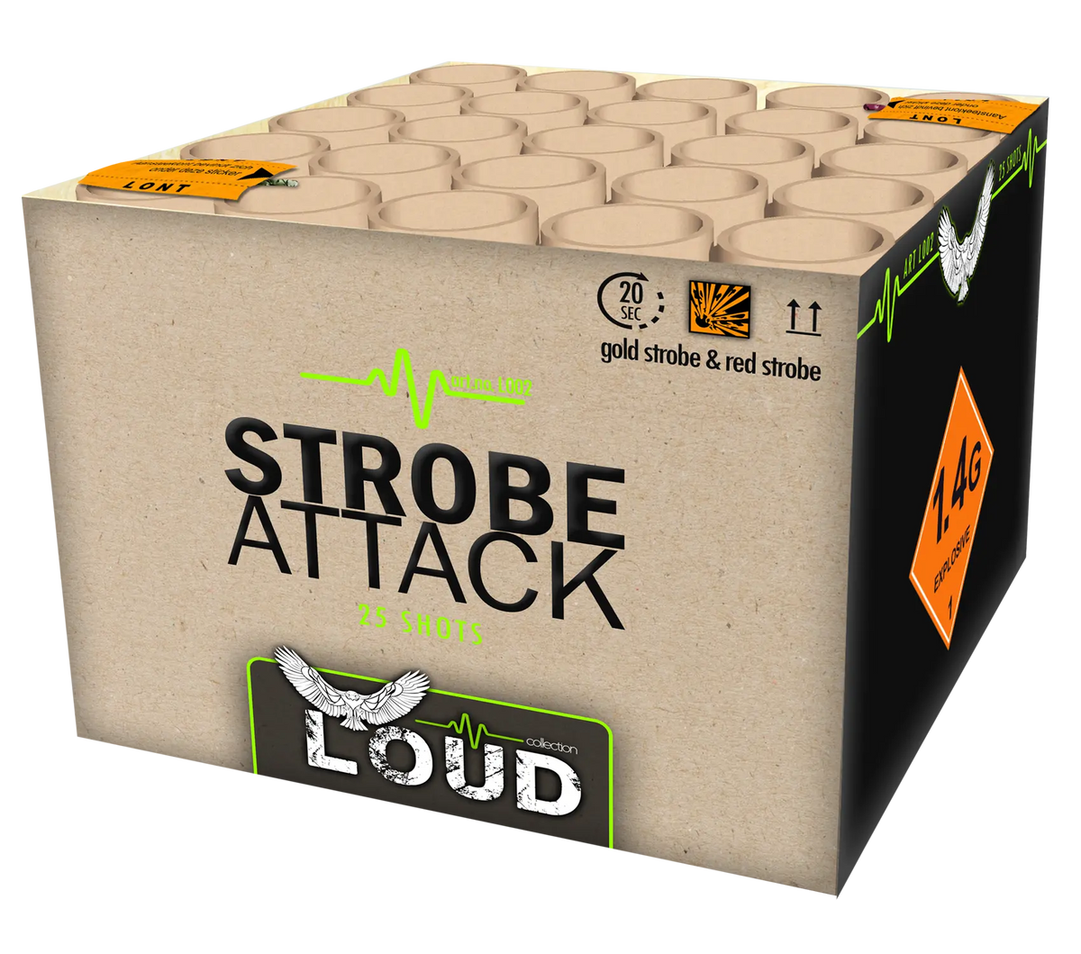 Eine beige-schwarze Katan Strobe Attack Box von Katan mit "25 Schüssen". Die Symbole zeigen 20 Sekunden Dauer, goldene Stroboskop- und rote Massiv-Blinker-Effekte sowie die Gefahrenklasse 1.4G an.