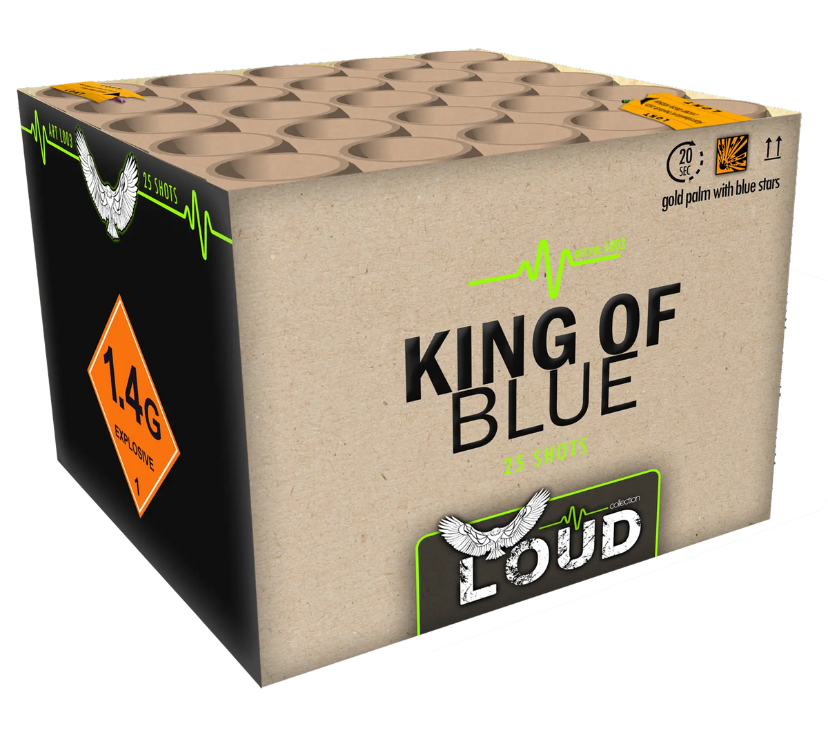 Eine Schachtel mit der Aufschrift "Katan King of Blue" Feuerwerksbatterie von Katan, mit "25 Schuss", "LOUD", goldener Palme und blauen Sternen als Feuerwerksmotiv, einer Adlergrafik und einem Warnhinweis "1.4G EXPLOSIVE".