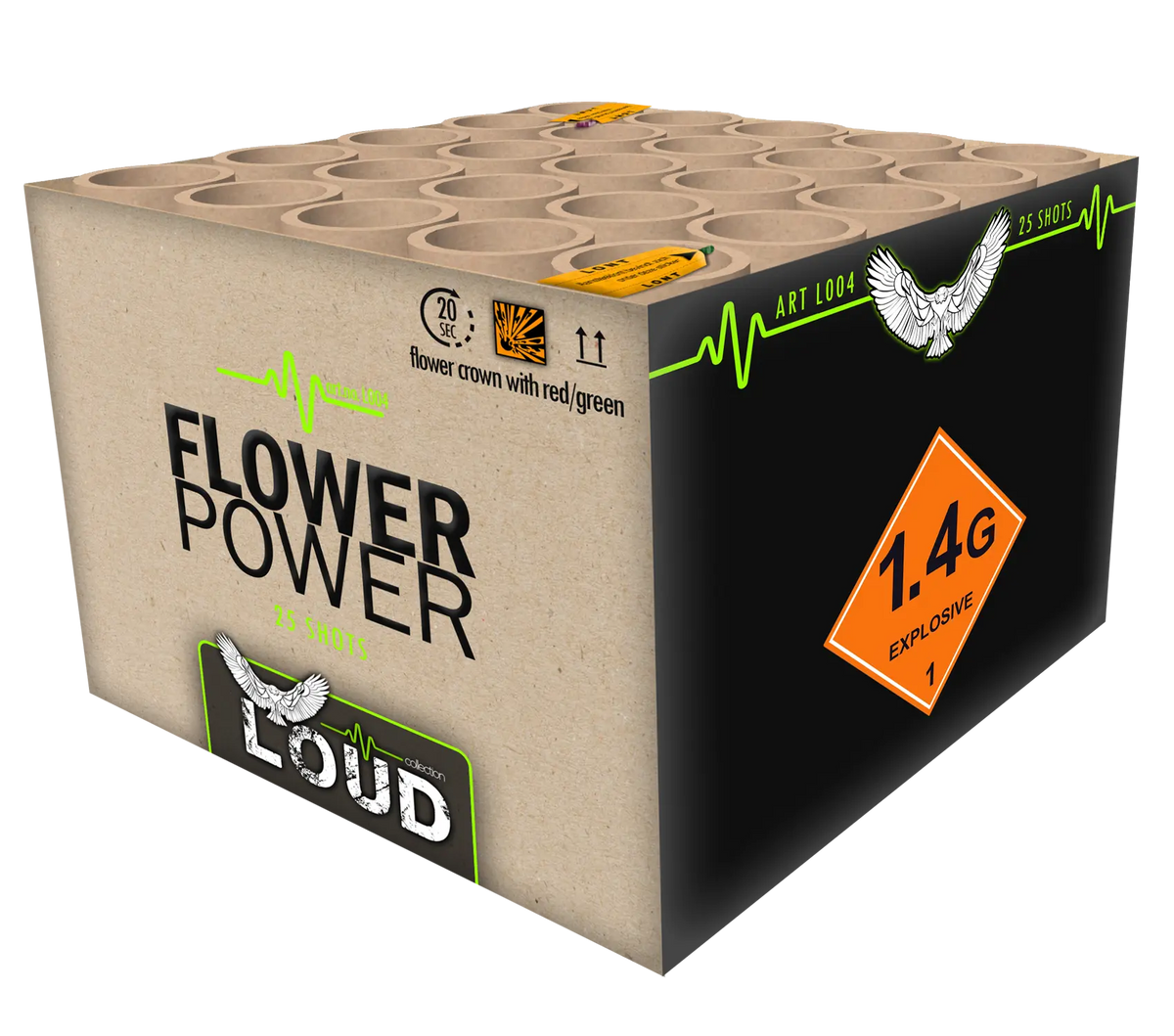 Eine Pappschachtel Katan Flower Power Feuerwerksbatterie von Katan mit 25 Schuss, mit einer Blumenillustration, "LOUD"-Text, einer orangefarbenen 1.4G Explosiv-Warnung und einer Adlergrafik auf der Verpackung.