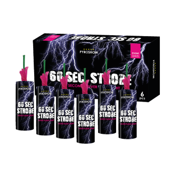 Sechs zylindrische schwarze Magnum Stroboscope 60sec Kanister mit grünen Sicherungen sitzen vor einer passenden Box mit Blitzgrafik. Sowohl auf dem 6er-Pack als auch auf den Kanistern sind die Marke Magnum und ein fetter, heller Text abgebildet.