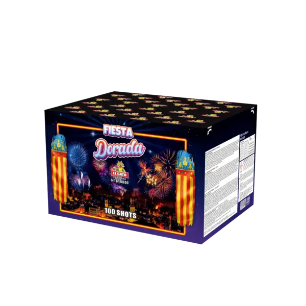 Eine Schachtel El Gato Fiesta Dorada Verbundfeuerwerk von El Gato zeigt ein farbenfrohes Feuerwerk und Stadtansichten, hebt "100 Schuss" hervor, glänzt mit Goldbuketts und zeigt Produktdetails auf der Seitenwand.