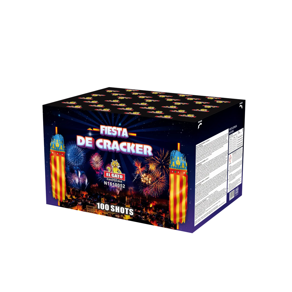 Die El Gato Fiesta de Cracker-Box ist rechteckig und farbenfroh und zeigt das El Gato-Logo, Bilder von Crackern und den fetten "100 Schuss"-Text auf der Vorderseite. Anweisungen und Details sind auf der Seitenwand aufgedruckt.