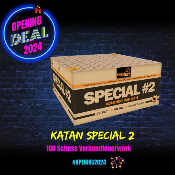 Eine Schachtel mit der Aufschrift "Katan Special #2" von Katan, die 100 Schuss Verbundfeuerwerk enthält, wird vor einem dunklen, neonbeleuchteten Hintergrund mit dem Text gezeigt: "Opening Deal 2024", "Katan Special 2" und "#OPENING2024".