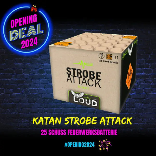 Eine Katan Strobe Attack Feuerwerksbatterie von Katan steht vor einer schwarzen Backsteinwand mit Neonschildern "Opening Deal 2024". Darunter steht der Text "Katan Strobe Attack, 25 Schuss Batterie, #Opening2024" und es werden Feuerwerksgrafiken angezeigt.