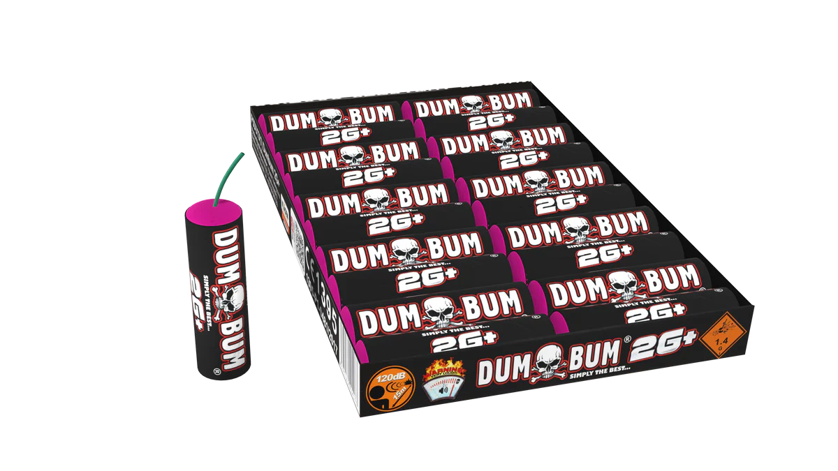 Ein Displaykarton mit Dumbum 2G+ P1 - ZAP1d von Dumbum mit schwarzem und rosafarbenem Feuerwerk mit Totenkopfmotiv, wobei ein Feuerwerkskörper aufrecht außerhalb des Kartons steht.