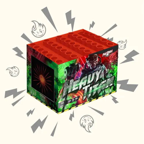Eine lebendige Geisha Heavy Titan 500 Feuerwerksbatterie-Box mit auffälligen Grafiken, einem roten Deckel im Block-Stil und einem lebendigen Feuerwerk und Cartoon-Flammenkunst. Enthält 34 Schuss.