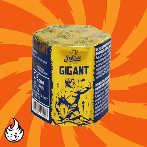 Die Iskra Gigant 1 7sh zylindrische Feuerwerksbatterie von Iskra zeigt einen muskulösen Mann, der sich vor einem orange-gelben, geplatzten Hintergrund windet, mit einem kleinen Flammensymbol und dem Text "7 Schuss".
