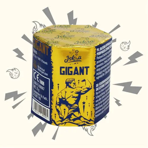 Die Iskra Gigant 1 7sh Feuerwerksbatterie von Iskra besticht durch ihre auffällige gelb-blaue Verpackung mit einer Strongman-Illustration, die durch die fettgedruckten "7 Schuss" für ein beeindruckendes Feuerwerk sorgt.