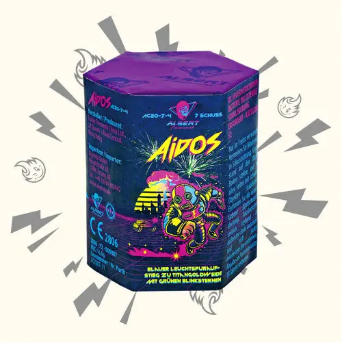 Eine leuchtende sechseckige Feuerwerksbatterie-Box mit der Aufschrift "Albert Aidos" von Albert zeichnet sich durch einen fetten Text, grafische Raumfahrer und eine Stadtsilhouette mit Neon-Akzenten aus und hebt 7 Schuss auf einem lila und blauen Hintergrund hervor.