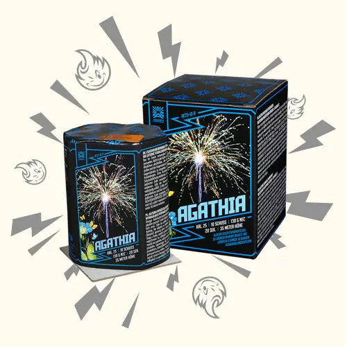 Der zylindrische Argento Agathia-Feuerwerkskörper steht neben der passenden Schachtel. Beide zeigen eine lebendige Feuerwerksgrafik mit Blitz und lächelnder Flamme, die die elegante Funktionalität dieses Argento-Produkts unterstreicht.
