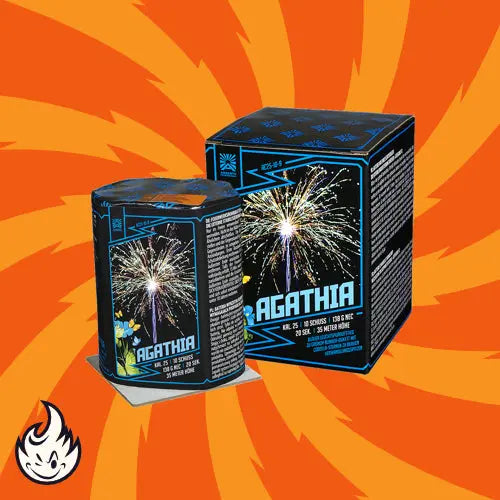 Der Argento Agathia, ein Feuerwerkskörper von Argento, zeigt eine leuchtende Explosionsgrafik auf orangefarbenem Hintergrund mit wirbelnden gelben Mustern und verkörpert elegante Funktionalität und die charakteristische Qualität der Marke.