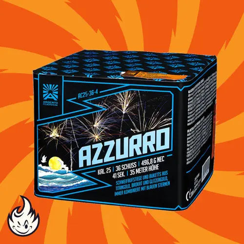Eine Schachtel mit Argento Azzurro-Feuerwerkskörpern von Argento wird vor einem orangefarbenen Hintergrund mit Sternenmustern präsentiert. Die Verpackung zeigt einen Nachthimmel mit Feuerwerkskörpern, Wasser und einem Mond - ideal, um modernen Feiern Eleganz zu verleihen.