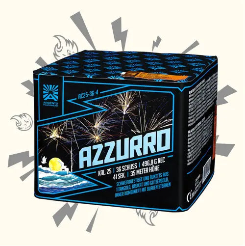 Eine farbenfrohe Argento Azzurro Feuerwerksdose mit Bildern von blauen und goldenen Explosionen. Die Box zeigt 25 Schüsse, 496,8 g NEC und blaue Sterneffekte - ideal für moderne Feiern. Marke: Argento.